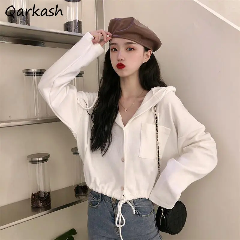 

With Hat Hoodies Women Cropped Pure Color Draw String Preppy Trendy Sweet All-match Feminine Simple Spring Teens Loose Hot Sale