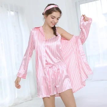 2020 Pink Navy Blue Striped Pajamas Silk Satin Femme Pajama Set 7 Pieces Stitch Lingerie Robe Pyjamas Women Sleepwear Pjs
2020 Pink Navy Blue Striped Pajamas Silk Satin Femme Pajama Set 7 Pieces Stitch Lingerie Robe Pyjamas Women Sleepwear Pjs