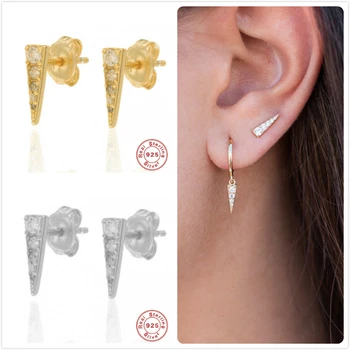 

Real 925 Silver Earrings For Women Gold Triangle Earrings Girl Ear Bone Piercing Earring Female Small Zircon Stud aretes R5