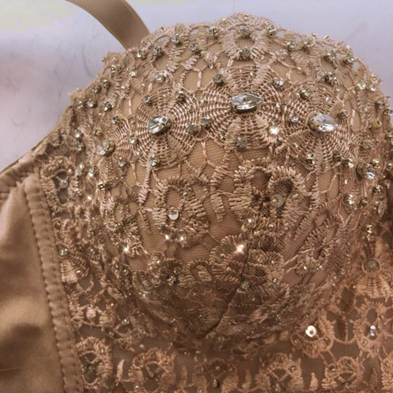 Irene Tinnie Nude Mesh Lace Bead Bustier Pearls Diamond Push Up Night Club Bralette Womens Bra Cropped Top Vest Corset