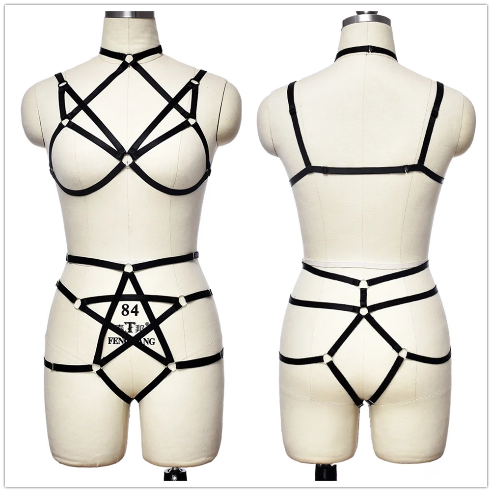 

Bondage Sexy Lingerie Body Cage Pentagram Harness Set Goth Women Hollow G-String Adjust Stockings Garter Rave Body Harness Bra