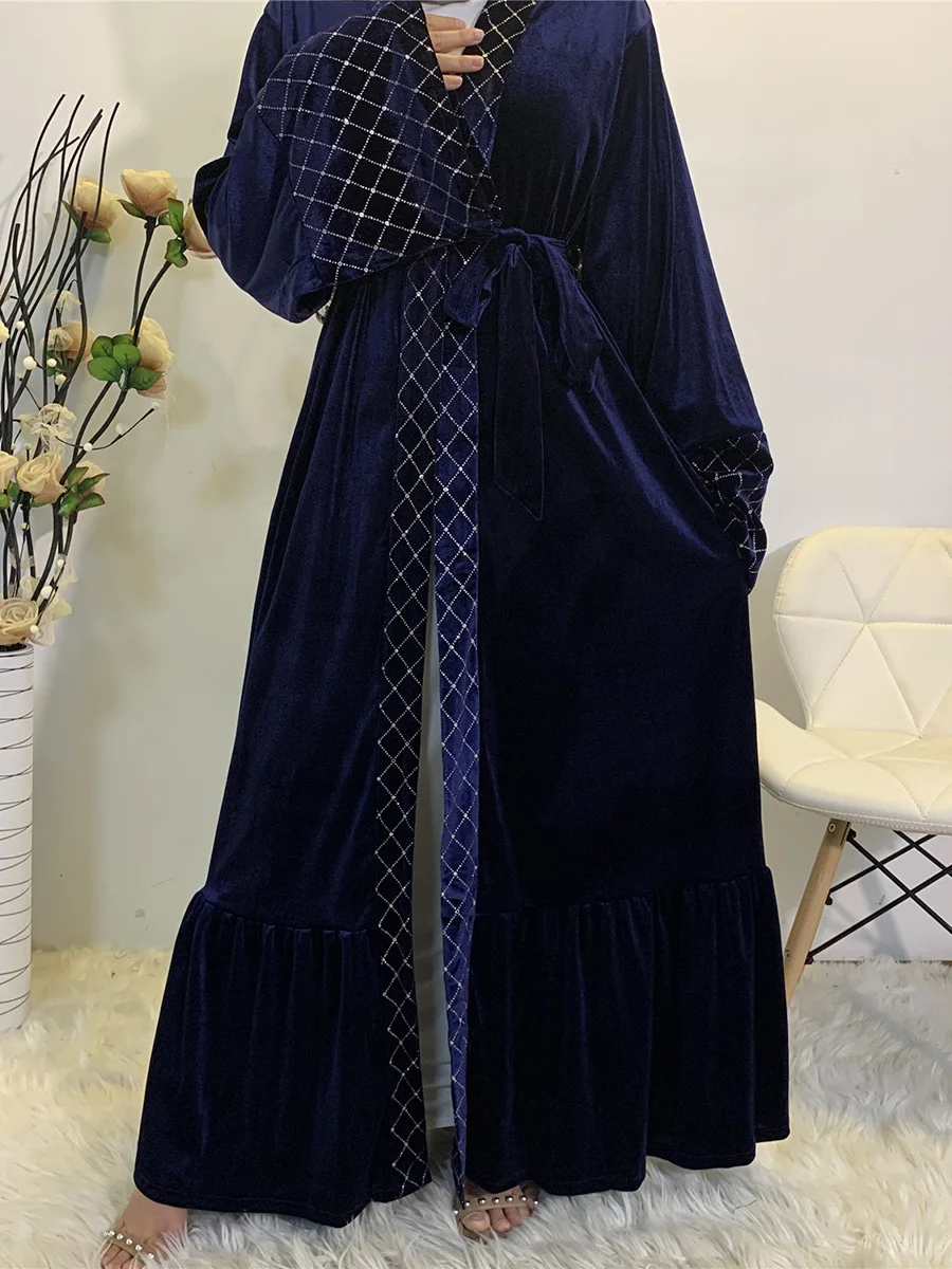 1857#New Arrivals Golden velvet Open Front Abaya Kimono Women - CHAOMENG MUSLIM SHOP