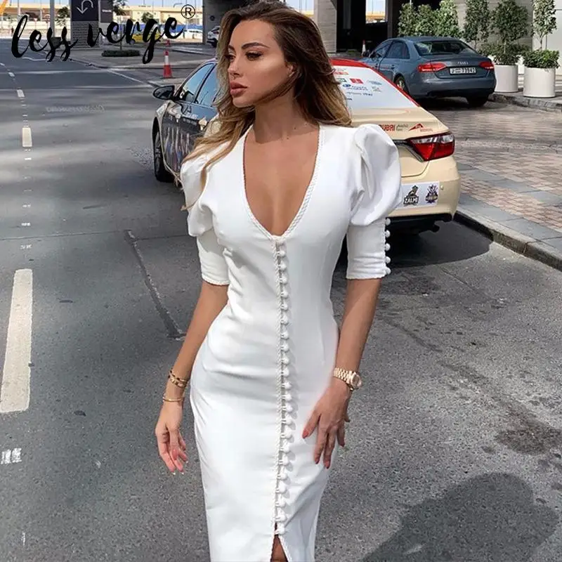 Vintage puff sleeve white long party dress Women v neck button bodycon elegant dress Summer slim party sexy lace dress vestido
Vintage puff sleeve white long party dress Women v neck button bodycon elegant dress Summer slim party sexy lace dress vestido