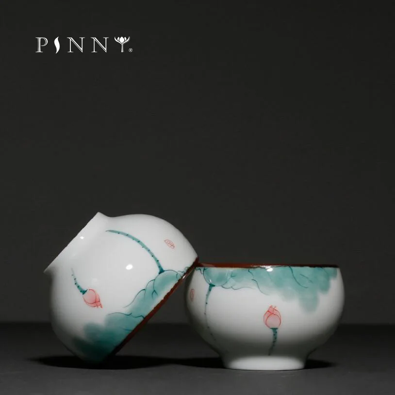 

PINNY 85ML Ceramic Hand Painted Lotus Teacups Pigmented Chinese Kung Fu Tea Cups Vintage Drinkware Tea Service