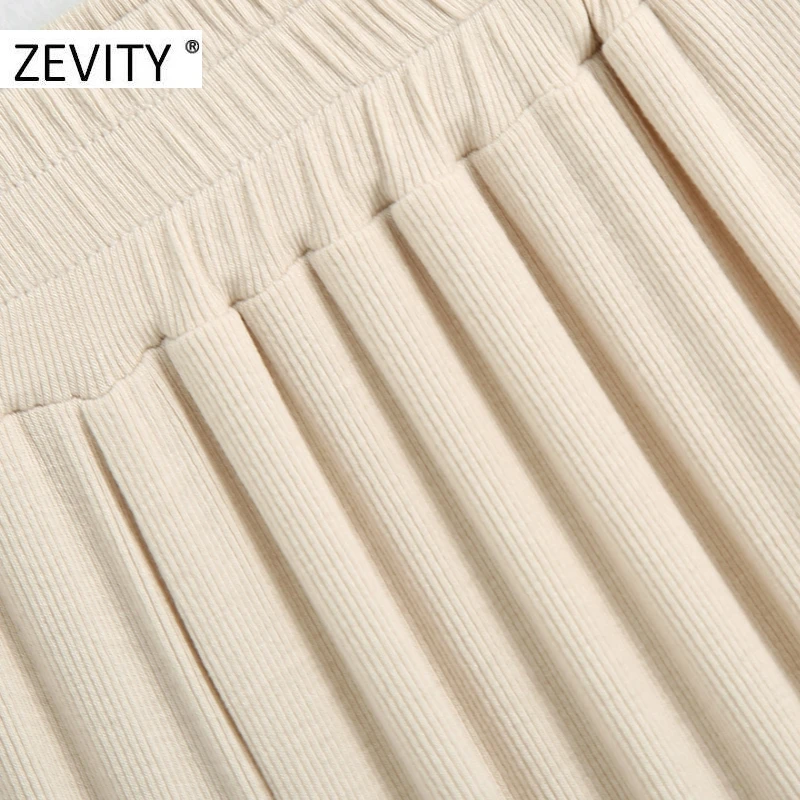 ZEVITY New Women fashion solid color pleats knitting straight pants female elastic waist slim Trousers chic hem split pants P936