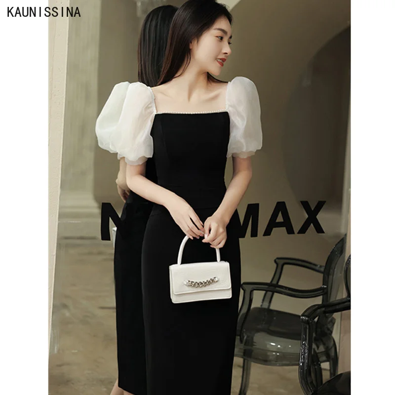 KAUNISSINA Elegant Pencil Cocktail Dresses Women Square Collar Bubble Sleeve Vintage Black Party Dress Knee Length Formal Gowns
KAUNISSINA Elegant Pencil Cocktail Dresses Women Square Collar Bubble Sleeve Vintage Black Party Dress Knee Length Formal Gowns