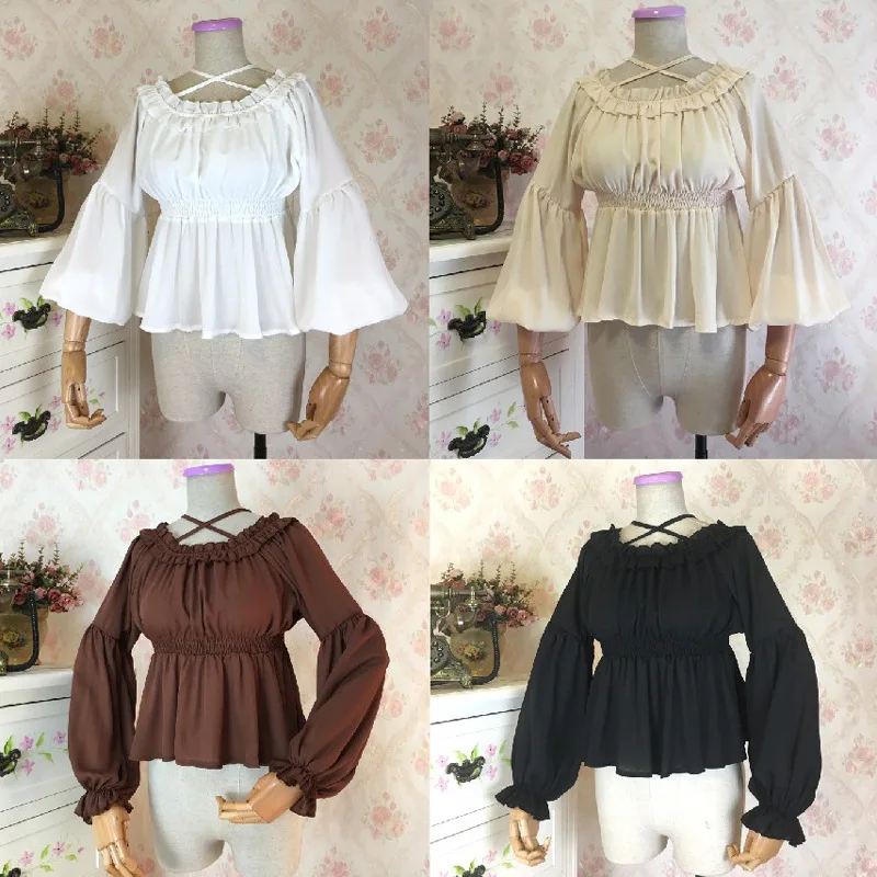 

Lolita Women Girls Gothic Renaissance Victorian Chemise Shirt Medieval Retro Peasant Wench of shoulder Blouse Resist top Costume