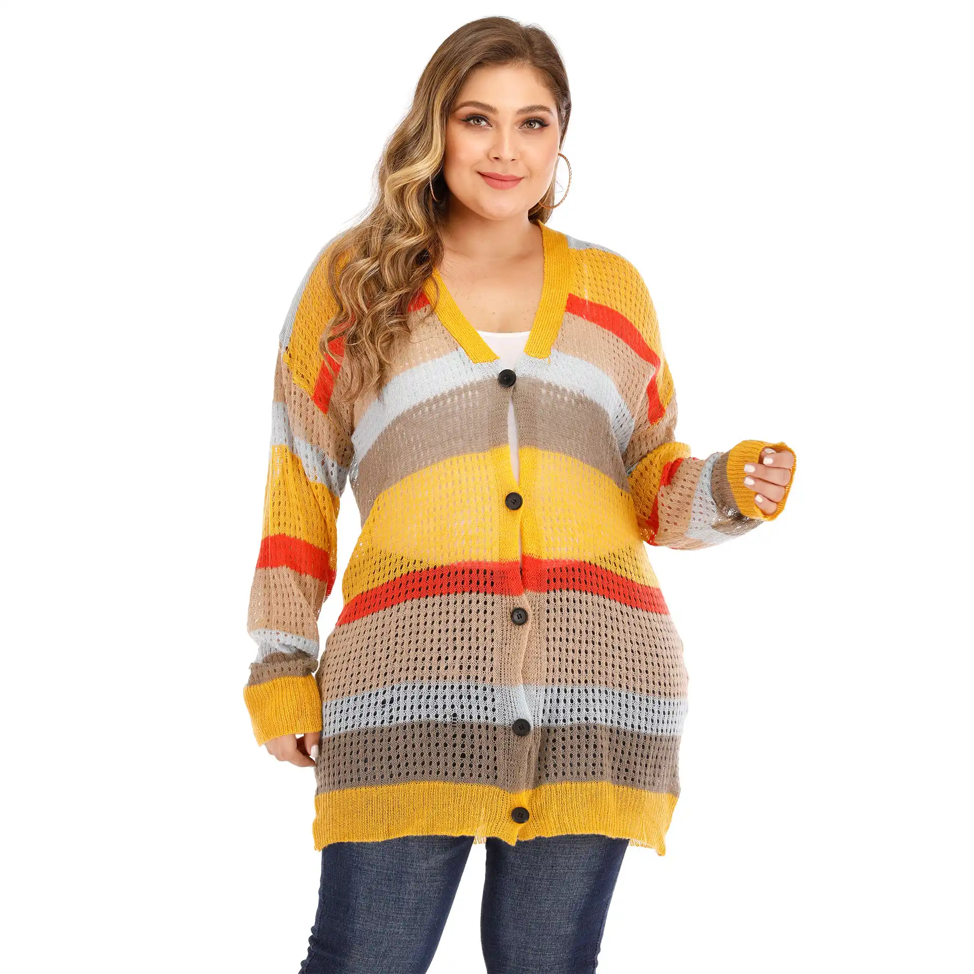 color joint single breasted v-neck hollow out knitted sweater