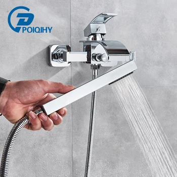 

Chrome Bathtub Faucet Brass Wall Mounted Waterfall tub Spout Bathtub Shower Faucets With hand shower Cold Hot mixer Taps