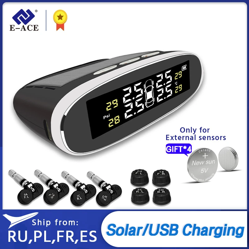 E-ACE TPMS Car Tire Pressure Alarm Monitor System Solar Power Charging Sensor Auto Security Digital Display Temperature Warning
E-ACE TPMS Car Tire Pressure Alarm Monitor System Solar Power Charging Sensor Auto Security Digital Display Temperature Warning
