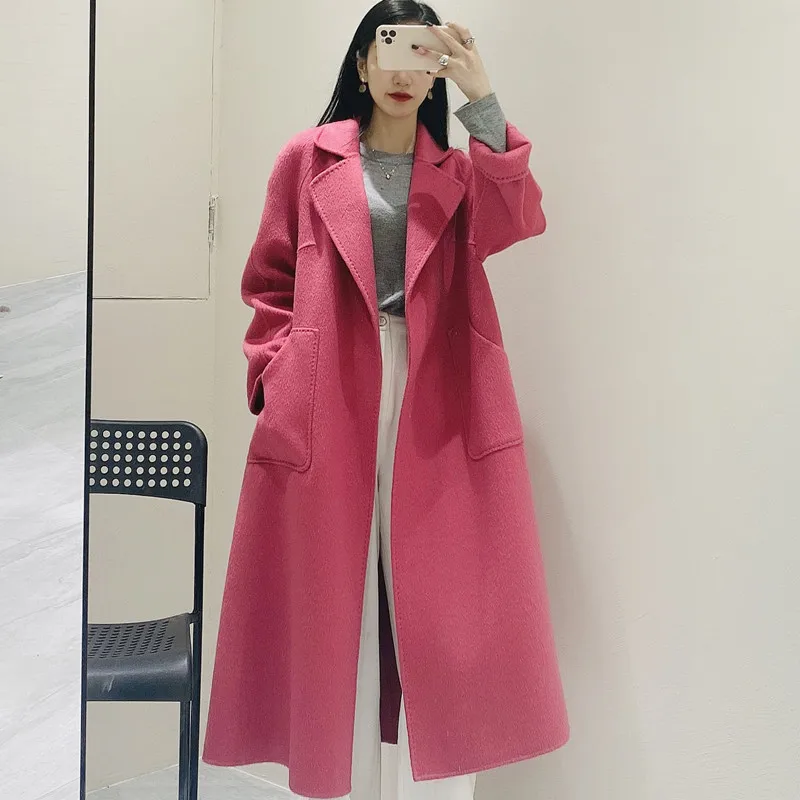 

Pink Double-Sided Plush Women Woolen Coat Korean Style High Quality Mid-Length Outwear 2021 Autumn Winter Fashion Overcoat