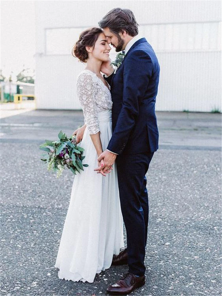 casamento gelinlik Boho Lace Chiffon Wedding Dresses Sexy Open Back Bride Wedding Gowns Long Sleeves Bohemia Beach Wedding Dress (1)