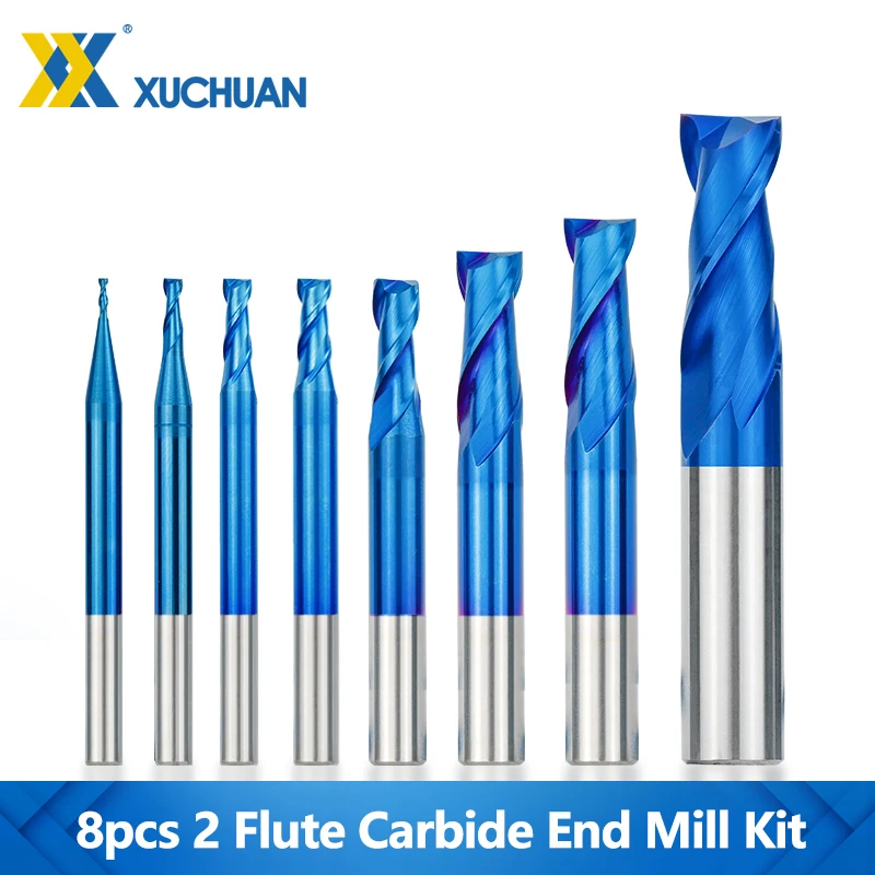 Carbide Milling Cutter Kit 8pcs 2-12mm Nano Blue Coated HRC 55 Carbide End Mill 2 Flute CNC Router Bit Milling Tools
Carbide Milling Cutter Kit 8pcs 2-12mm Nano Blue Coated HRC 55 Carbide End Mill 2 Flute CNC Router Bit Milling Tools