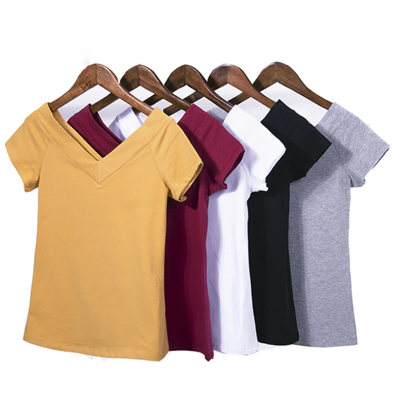 

WWENN 2021 Summer T-shirt Women High V-Neck 5 Candy Color Cotton Basic Plain Simple T Shirt For Women Short Sleeve Female Tops