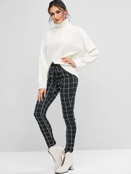 

ZAFUL Checked Knotted Skinny Paperbag Pants Ladies Elegant High Waist Belted Solid Pants Women Frill Trim Elastic Waist Pants