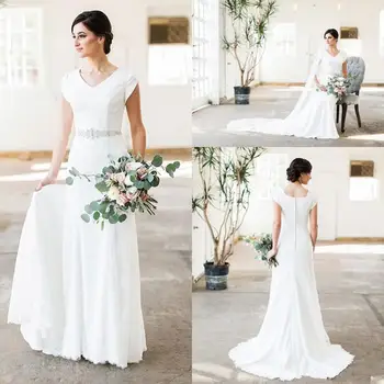Lace Mermaid Modest Wedding Dresses With Cap Sleeves bohemian country V Neck Crystal Belt Women Religious Bridal Gowns
Lace Mermaid Modest Wedding Dresses With Cap Sleeves bohemian country V Neck Crystal Belt Women Religious Bridal Gowns