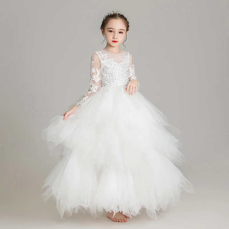 Фото Элегантное Белое Тюлевое платье с цветочной аппликацией для девочки на свадьбу