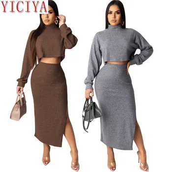 2020 2 Piece Set Casual Knitted Tracksuit Women Turtleneck Top And Split Skirt Winter Suit Elegant Matching Sets Club Outfits
2020 2 Piece Set Casual Knitted Tracksuit Women Turtleneck Top And Split Skirt Winter Suit Elegant Matching Sets Club Outfits