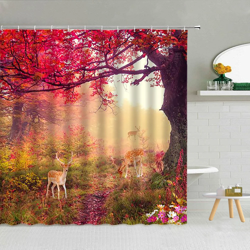 

Beautiful Forest Autumn Landscape Maple Leaves Shower Curtain Set Polyester Fabric High Quality With Hooks Bath Screen Decor