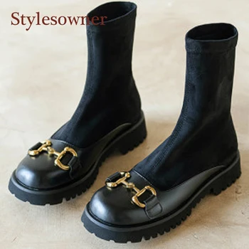 Genuine Leather Metal Decor Sock Woman Boots Round Toe Square Heel Med Slip-On Mid-Calf Riding Boots Comfortable Winter Shoes
Genuine Leather Metal Decor Sock Woman Boots Round Toe Square Heel Med Slip-On Mid-Calf Riding Boots Comfortable Winter Shoes