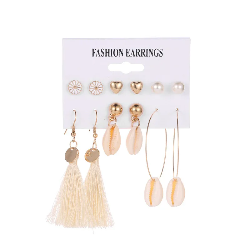 Bohemian 6 Piece Combination Ethnic Natural Shell Tassel Female Pearl Daisy Love Drop Long Earrings Set
Bohemian 6 Piece Combination Ethnic Natural Shell Tassel Female Pearl Daisy Love Drop Long Earrings Set