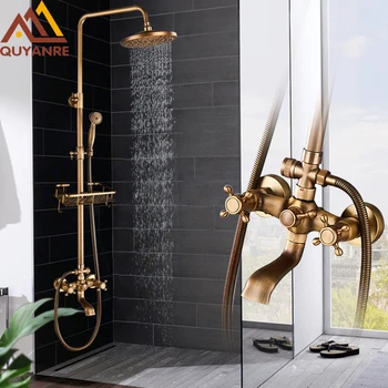 

Quyanre Antique Brass Shower Faucets Set 8'' Rainfall Shower Commodity Shelf Dual Handle Mixer Tap Swivel Tub Spout Bath Shower