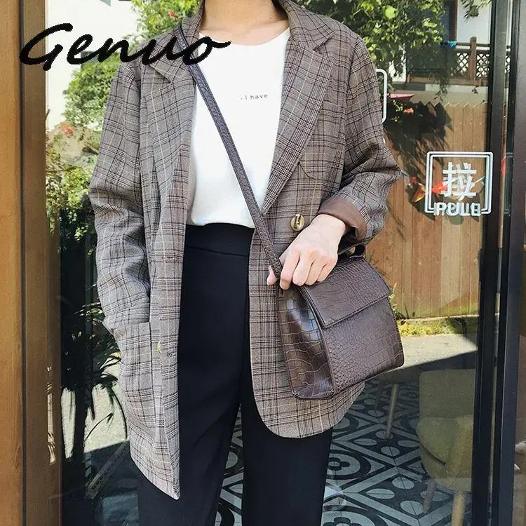 Genuo Autumn Women Jackets Blazer Work Outfit Checkered Ringer Sleeve Pocket Loose Cardigan Office Wear Brown Gray Plaid Outwear
Genuo Autumn Women Jackets Blazer Work Outfit Checkered Ringer Sleeve Pocket Loose Cardigan Office Wear Brown Gray Plaid Outwear
