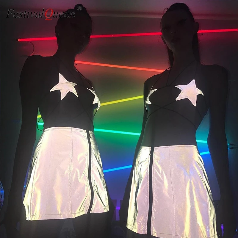 Reflective Two 2 Piece Set Women Backless Criss Cross Bandage Star Bra Crop Top High Waist Zippered Skirt Set Party Club Outfits
Reflective Two 2 Piece Set Women Backless Criss Cross Bandage Star Bra Crop Top High Waist Zippered Skirt Set Party Club Outfits