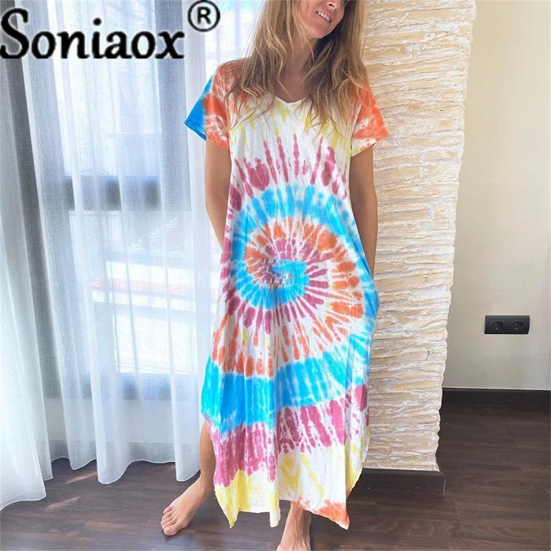 Женское длинное платье с принтом, повседневное свободное платье с коротким рукавом, V-образным вырезом и разрезом, лето 2021 
Женское длинное платье с принтом, повседневное свободное платье с коротким рукавом, V-образным вырезом и разрезом, лето 2021