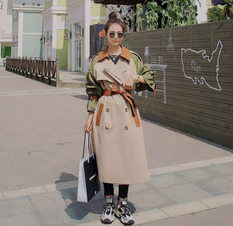 Brand New Fashion Womens Trench Coat Colorblock Long Double-Breasted with Belt Lady Windbreaker Spring Autumn Outerwear Clothes
