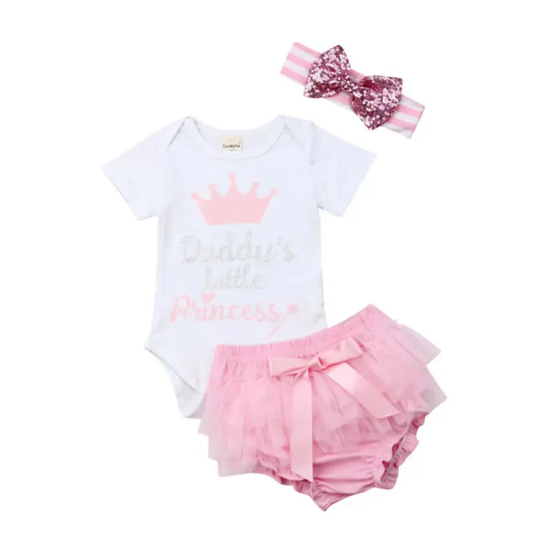 

3PCS Infant Baby Girl Daddy's Little Princess Set Tops Romper Tutu Shorts Outfit Set UK Short Sleeve Tops Romper Clothes 0-24M