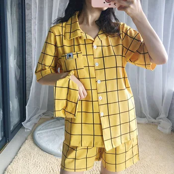 Plaid Yellow 2020 Summer New Nightwear Pajamas Suit Home Clothing Casual Women Cotton Sleep Set Intimate Lingerie Homewear
Plaid Yellow 2020 Summer New Nightwear Pajamas Suit Home Clothing Casual Women Cotton Sleep Set Intimate Lingerie Homewear