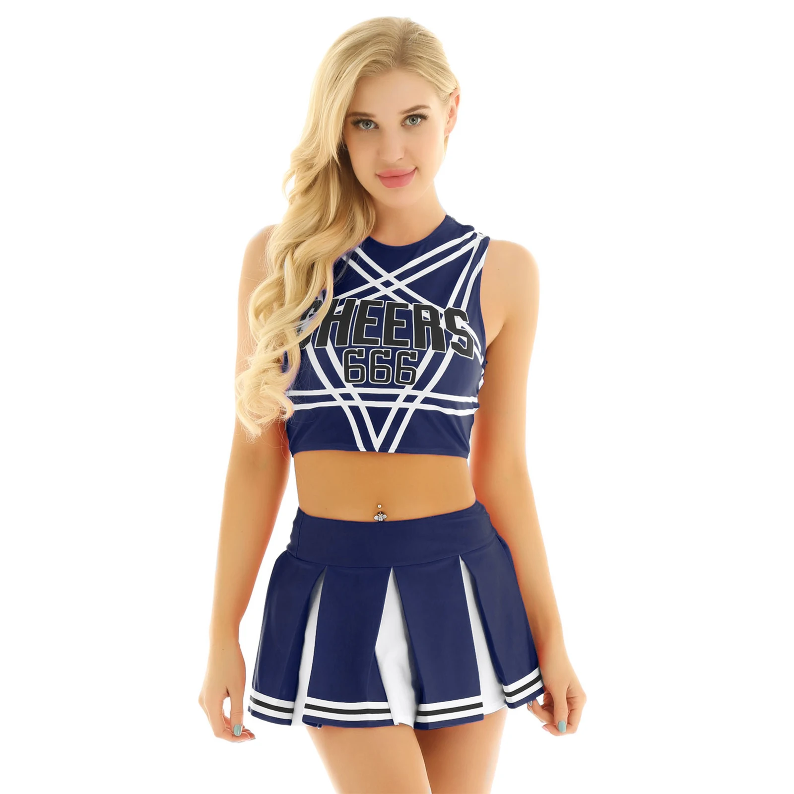 

Women Cheerleading Uniform Dancewear Carnival Party Cosplay Costume Adult Sleeveless Back Tank Crop Top+Mini Pleated Skirt Set