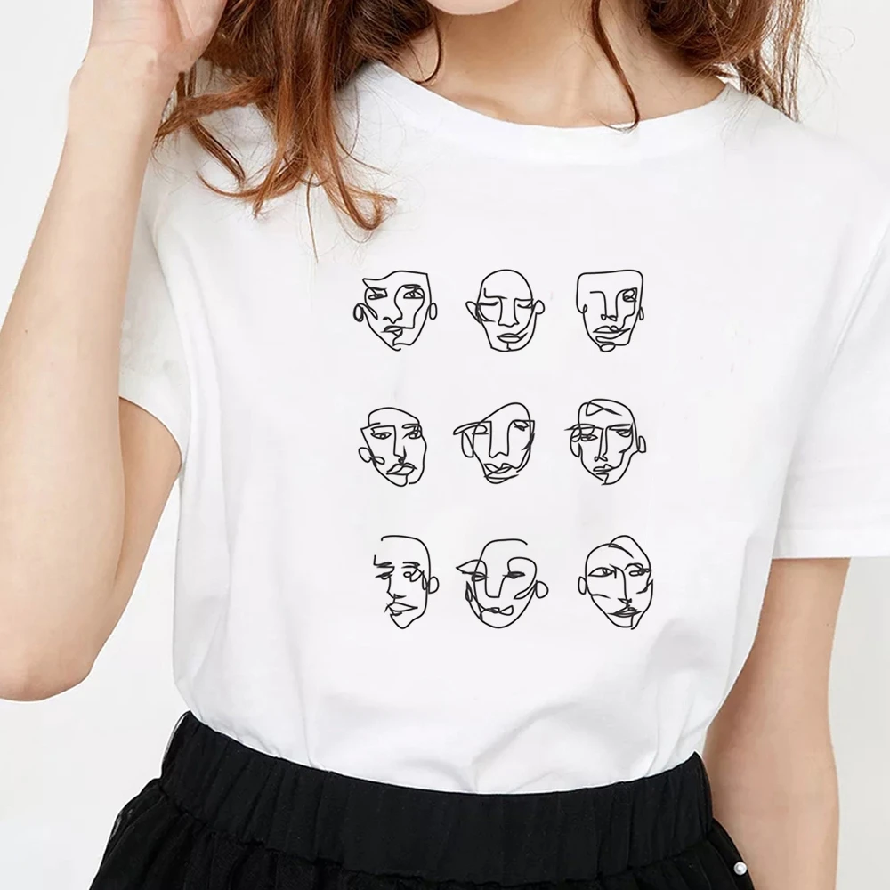 

Summer Women Oversize T-shirt Short-sleeved O-neck Fashion Minimalist Abstract Face Print T-shirt Modal Fashion Casual Wild Tee