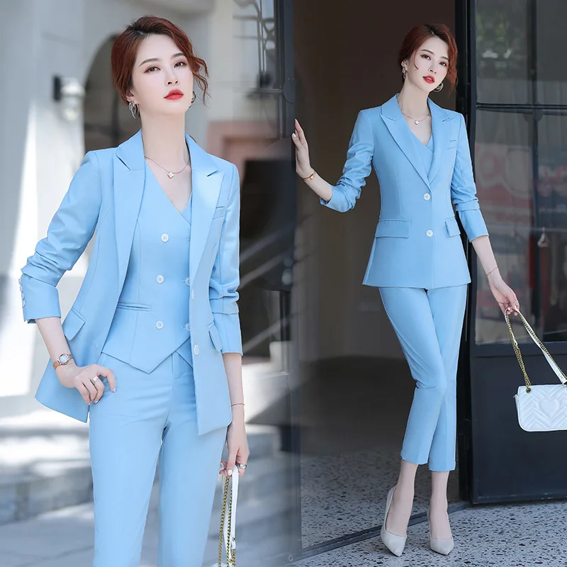 

IZICFLY Spring Summer Style Office Uniform Business Pant Suit with Vest New Pink 3 Piece Women Trouser Waistcoat and Blazer Set