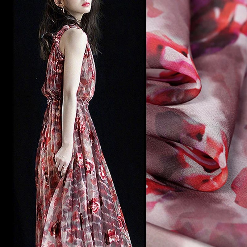 138CM Wide 10MM Floral Print Thin Pink Red Silk Georgette Fabric for Summer Dress Jacket Pants DE1057
138CM Wide 10MM Floral Print Thin Pink Red Silk Georgette Fabric for Summer Dress Jacket Pants DE1057