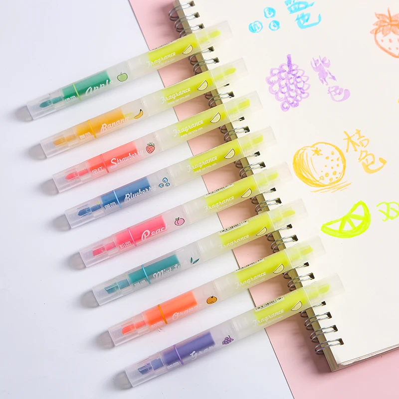 8pcs Lovely Fruit smell color highlighter marker pen set Dual side Transparent window spot Liner drawing pens Office School F798
8pcs Lovely Fruit smell color highlighter marker pen set Dual side Transparent window spot Liner drawing pens Office School F798