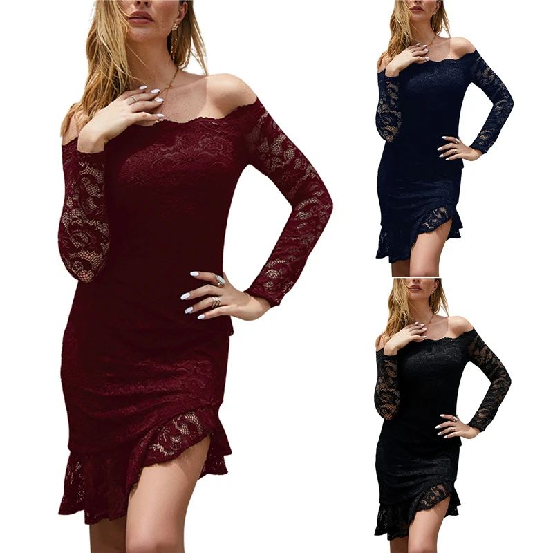 2020 Female Mini Dress Solid Color Lace Long Sleeve One-Piece for Women Off Shoulder Ruffle Bodycon Mini Dress Red/Black/Navy
2020 Female Mini Dress Solid Color Lace Long Sleeve One-Piece for Women Off Shoulder Ruffle Bodycon Mini Dress Red/Black/Navy