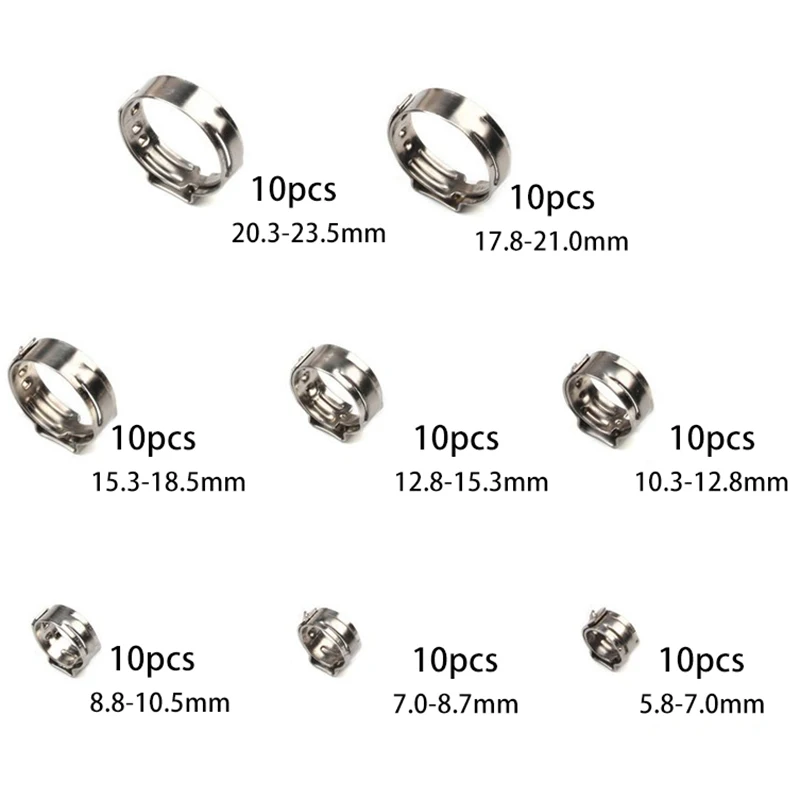 80Pcs Single Ear Hose Clamps Stainless Steel Hydraulic Hose O Clips Water Pipe Clamps Tool Accessories
80Pcs Single Ear Hose Clamps Stainless Steel Hydraulic Hose O Clips Water Pipe Clamps Tool Accessories