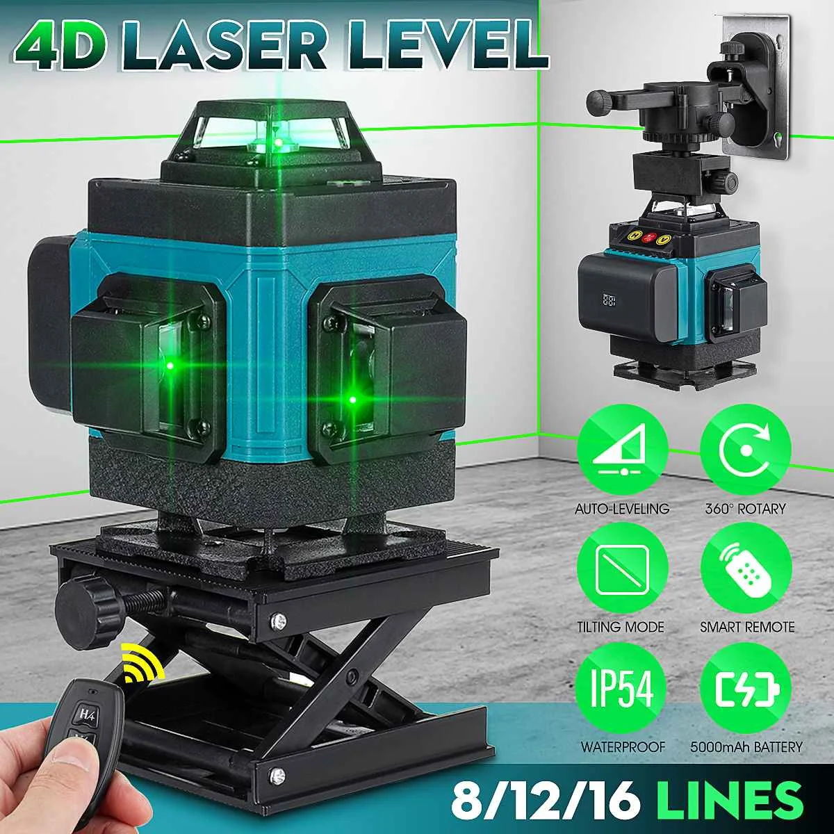 3D 4D 16 12 8 линий зеленый лазерный уровень 360 ° Горизонтальные и вертикальные
