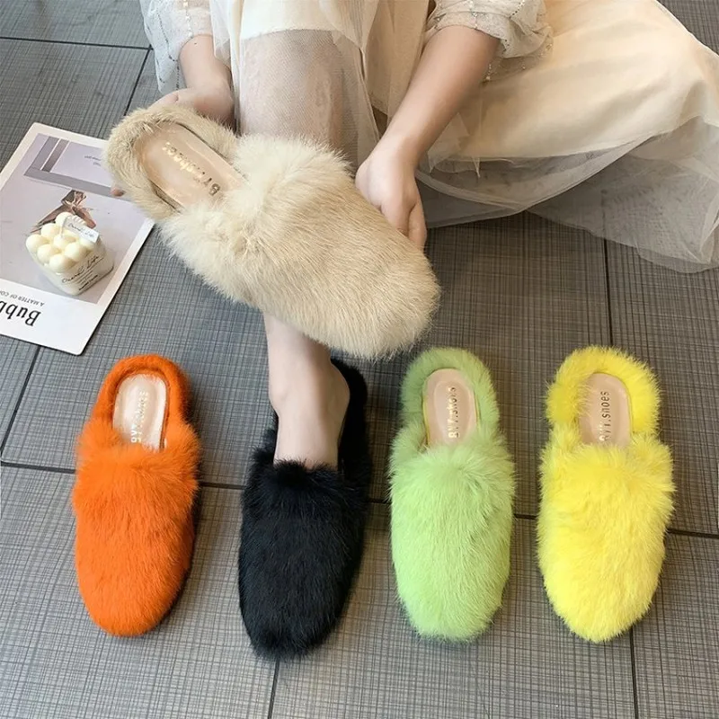 

Womens Furry Fur Backless Slipper Mule Slide Princetown Shoes Candy Colors Winter Warm Indoor Mules Preppy Fluffy New Arrival