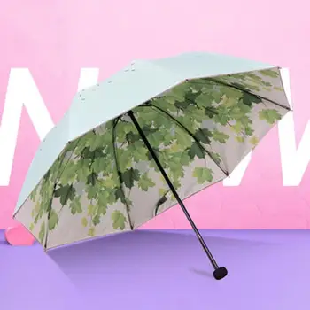 3-Fold Outdoor Green Tree Leaf Umbrellas Dual-Layer Anti-UV Rain Umbrella Double Print Folding Parasol Rain Gear Home Houisehold