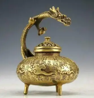 

Art Bronze home decoration Folk Culture Copper Exquisite Chinese Vintage Handwork Brass Carved Dragon Incense Burner