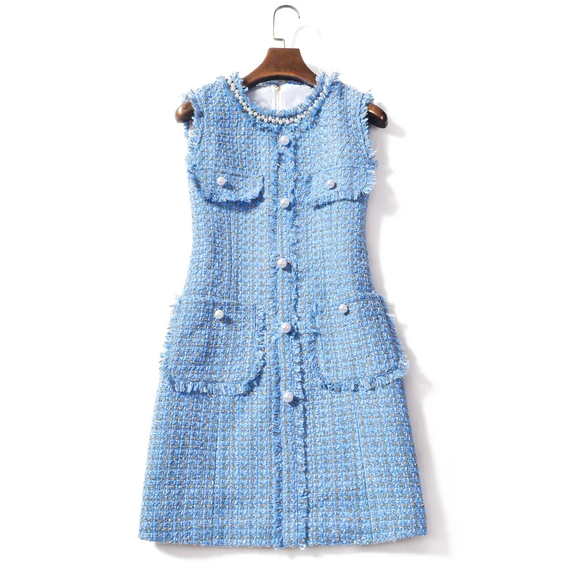 

Newest Fashion 2019 Runway Designer Blue Tweed Dress Women's Sleeveless Pearls Beading Buttons Pocket Fringe Tassel Tank Dress