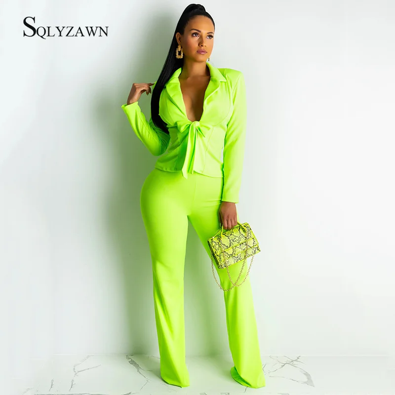 

Sexy Neon Green Office Lady Two Piece Co ords Suit Women Lace Up Bow Blazer Top Wide Leg Pants Elegant Matching White Outfit Set