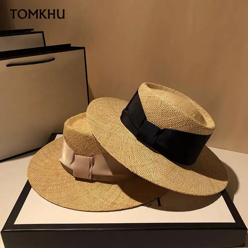 

High Quality Classical Women's Palma Boater Hat Wide Brim Sun Hat Ladies Ribbon Bow Straw Hat Summer Travel Derby Hat