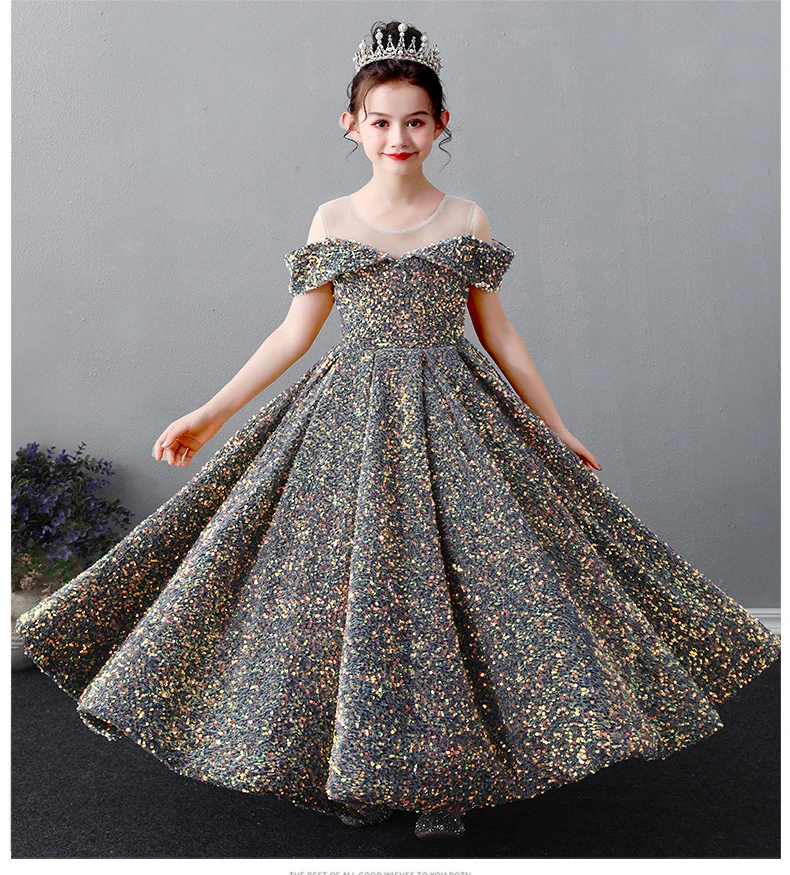 Кружевные платья принцессы с блестками и цветочным рисунком для девочек длинное