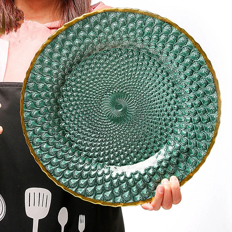 Зеленые стеклянные тарелки для завтрака, блюда, лапша, фрукты, десерт, салат, стейк, Западная тарелка, Золотые Мраморные глазури, стеклянная посуда Вечерние