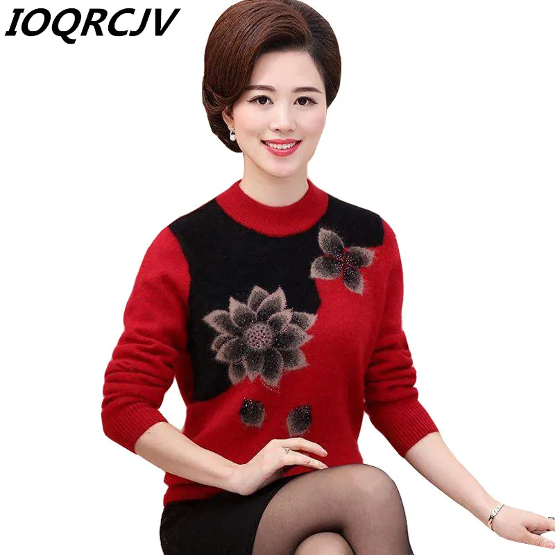 

New Autumn Warm Pullovers Sweater Middle-Aged Women Flower Printed Long Sleeve Sweaters Female O-neck Wool Sweater Knit shirt