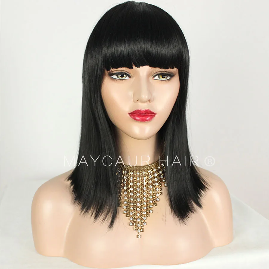 Maycaur Synthetic Wigs With Full Bangs Black Color Heat Resistant Fiber Hair None Lace Medium Size Short Bob Wig For Women (4)